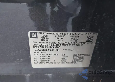 2015 Chevrolet Silverado 1500 1Lt из США, поврежденный, VIN 3GCUKREC2FG417143